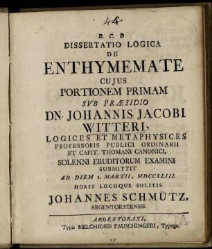 Portio 1: Dissertatio Logica De Enthymemate. Portio 1