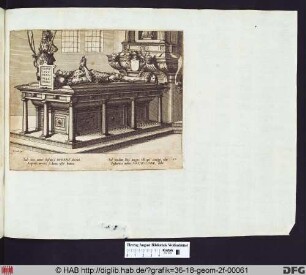 Sarkophag mit liegendem Mann in Rüstung, an dessen Kopf ein Krieger mit Tafel steht.