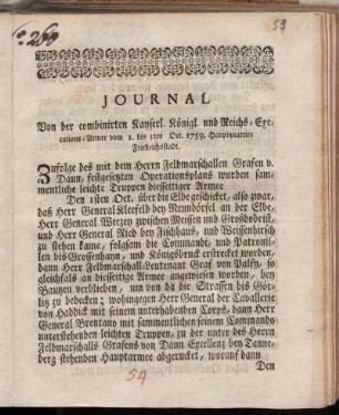 Journal Von der combinierten Kayserl. Königl. und Reichs-Executions-Armee vom 1. bis 5ten Oct. 1759. Hauptquartier Friedrichsstadt