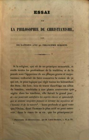 Essai sur la Philosophie du Christianisme : considérée dans ses rapports avec la philosophie moderne. 1