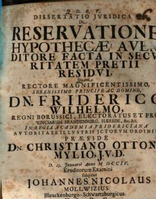 Diss. ... de reservatione hypothecae a venditore facta in securitatem pretii residui