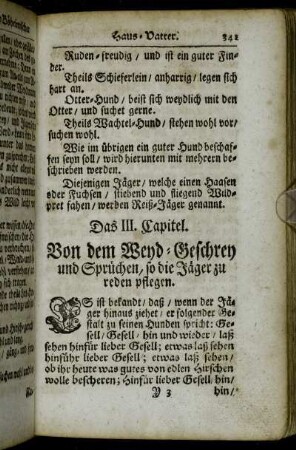 Das III. Capitel. Von dem Weyd-Geschrey und Sprüchen, so die Jäger zu reden pflegen