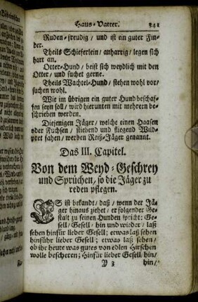 Das III. Capitel. Von dem Weyd-Geschrey und Sprüchen, so die Jäger zu reden pflegen