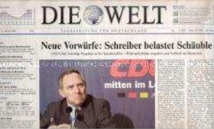 Tageszeitung "Die Welt" mit Titelstory zum Finanzskandal der CDU