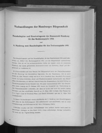Verhandlungen der Hamburger Bürgerschaft über Haushaltsplan und Haushaltsgesetz der Hansestadt Hamburg für das Rechnungsjahr 1952 und 2. Nachtrag zum Haushaltsplan für das Rechnungsjahr 1951