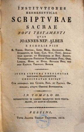 Institutiones hermeneuticae scripturae sacrae Novi Testamenti, 3