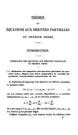 Introduction. Génération des Équations aux Dérivées Partielles du Premier Ordre.