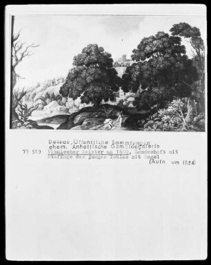Landschaft mit Staffage des jungen Tobias mit Engel