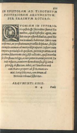 In Epistolam Ad Timotheum Posteriorem Argumentum Per Erasmum Rotero.