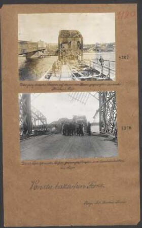 Übergang deutscher Truppen auf der von den Russen gesprengten Eisenbahnbrücke in Riga