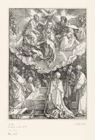 Mariä Himmelfahrt und Krönung, Blatt 19 aus: Albrecht Dürer, "Epitome in Divae Parthenices Mariae Historiam ab Alberto Durero Norico per figuras digestam cum versibus annexis Chelidonii", Nürnberg 1511, [ohne Kustode]