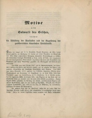 Motive zu dem Entwurfe des Gesetzes, betreffend die Ablösung der Reallasten und die Regulirung der gutsherrlichen und bäuerlichen Verhältnisse