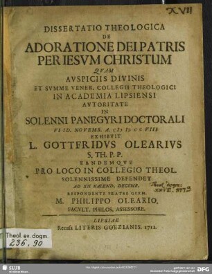 Dissertatio Theologica De Adoratione Dei Patris Per Jesum Christum