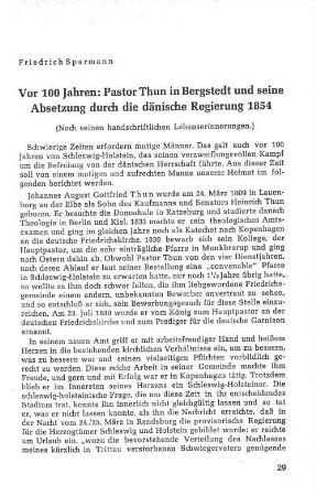 Vor 100 Jahren: Pastor Thun in Bergstedt und seine Absetzung durch die dänische Regierung 1854