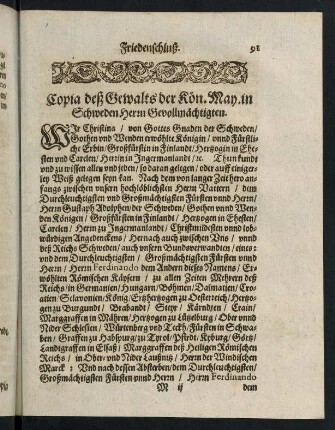 91-93, Copia deß Gewalts der Kön. May. in Schweden Herrn Bevollmächtigsten