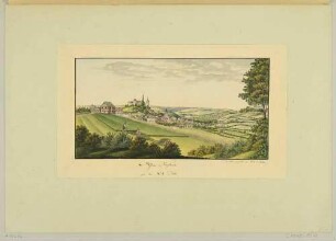 Stadtansicht von Mylau im Vogtland von Osten mit der mittelalterlichen Burg über die Felder
