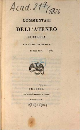Commentari dell'Ateneo di Brescia. 1826