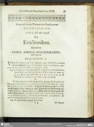 Conclusionum Theoretico-Practicarum Exercitatio XLIII. Ad tit. 2. Libr. XXI. Digest. De Evictionibus