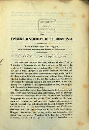 Das Erdbeben in Schemnitz am 31 Jan. 1855 : Aus d. Märzh. d. Jahrg. 1855 d. math. naturw. Cl. d. Kais., Akad. d. Wiss. (Bd. XV S. 368)