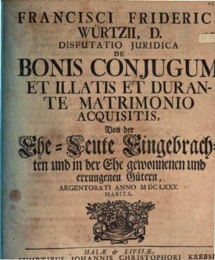 Disputatio inauguralis iuridica de bonis coniugum et illatis et durante matrimonio acquisitis