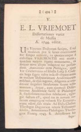 E. L. VRIEMOET Dissertationes variae de Messia A. 1744