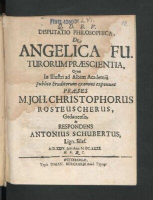 Disputatio Philosophica, De Angelica Futurorum Praescientia