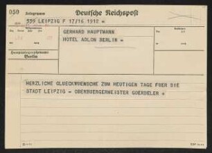 Brief von Carl Friedrich Goerdeler an Gerhart Hauptmann