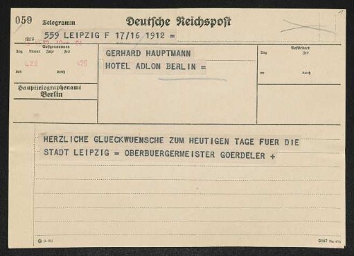 Brief von Carl Friedrich Goerdeler an Gerhart Hauptmann