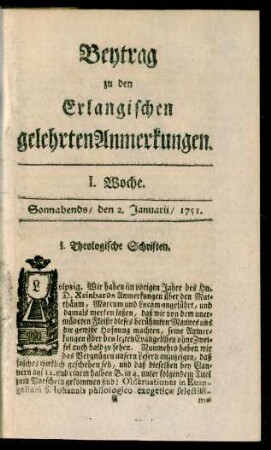I. Woche (2. Januarii 1751)-LII. Woche (25. December 1751): Beytrag zu den Erlangischen gelehrten Anmerkungen