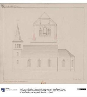 Breitenstein (Dobino), ehemals Kreis Deutsch Krone, Regierungsbezirk Marienwerder (Województwo Kujawski-Pomorskie). Entwurf zur katholischen Kirche. Seitenansicht und Querschnitt zum Chor