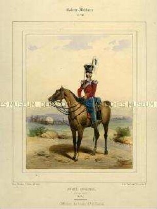 Uniformdarstellung, Offizier des Train der Artillerie zu Pferd, Königreich Großbritannien, 1840/1850. Tafel Nr. 30 aus: Galerie Militaire.