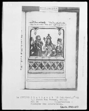 Jacob von Teramo, Belial und Johannes von Mandeville, Reise nach Jerusalem — Jacob von Teramo, Belial — Plädoyer des Aristoteles, Folio 95recto