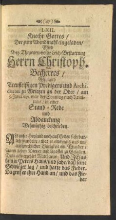 LXII. ... Bey ... Leich-Bestattung Herrn Christoph. Becherers ... am 5. Junii 1692. ... in einer Stand-Rede und Abdanckung ... beschrieben.