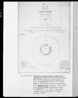 Entwurf für ein Feuerlöschreservoir mit Pumpmaschinerie in Form eines Brunnen mit Piedestal für Beberbeck