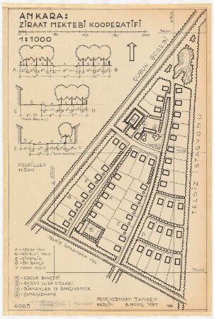 Gesamtbebauungsplan Ankara Siedlung der Professoren der Landwirtschaftlichen Hochschule. Ziraat Mektebi Kooperatifi: Lageplan 1:1000, Straßenprofile 1:200