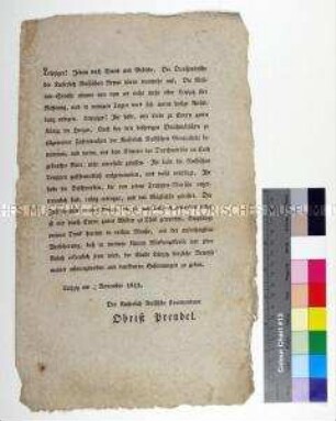 Bekanntmachung der Beendigung des Durchmarschs der Kaiserlich Russischen Armee und Dank des russischen Kommandanten Prendel an die Leipziger Bevölkerung für die Aufnahme der Truppen
