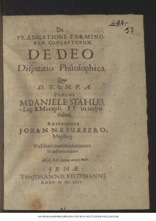 De Praedicatione Terminorum Concretorum De Deo : Disputatio Philosophica