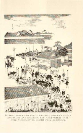 Feudal chief's procession entering Shogun's palace enclosure and reachig the point where it became nessesay to alight from horseback