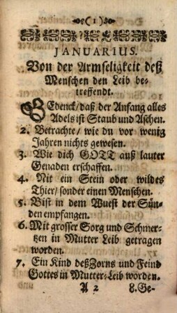 Geistlicher Calender, Das ist: Zwölff Betrachtungen, auff die zwölff Monat des Jahrs gerichtet, allweg ein Puncten auff jeden Tag zu betrachten, zu Außreutung der Laster, und Pflantzung der Tugenden sehr nothwendig und dienstlich
