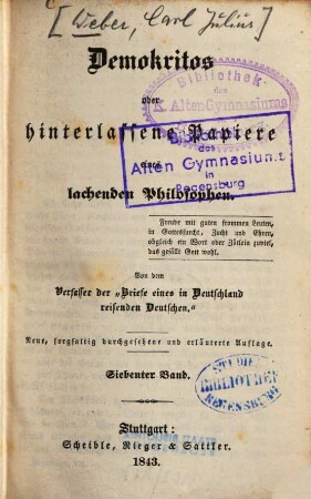 Demokritos oder hinterlassene Papiere eines lachenden Philosophen, 7