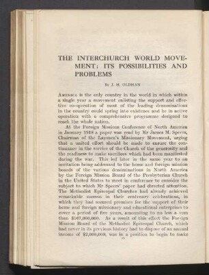 The interchurch world movement: its possibilities and problems