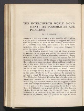 The interchurch world movement: its possibilities and problems
