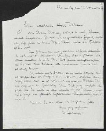 Brief von A. Harnapp an Gerhart Hauptmann
