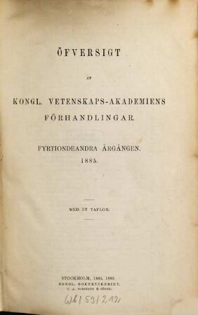 Öfversigt af Kongliga Vetenskaps-Akademiens förhandlingar. 42. 1885 (1886)