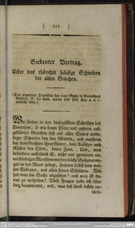 Siebenter Vortrag. Ueber das thörichte häufige Schwören der alten Griechen