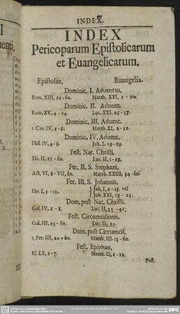 Index Pericoparum Epistolicarum et Evangelicarum