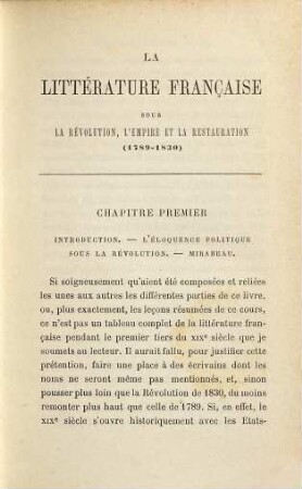 La littérature française sous la révolution, l'empire et la restauration 1789-1830 : 1789-1830