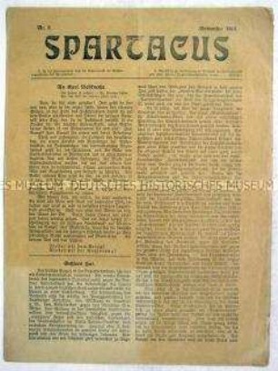 Mitteilungsblatt des Spartakus-Bundes ("Spartakusbrief") mit einem Grußwort an Karl Liebknecht nach seiner Inhaftierung