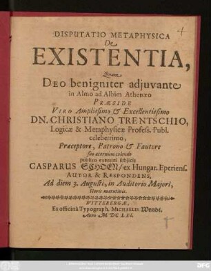 Disputatio Metaphysica De Existentia