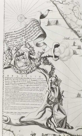 Brasilia Belgica (Karte 35); Ausschnitt: Kartusche mit Schriftfeld und nordostbrasilianischer Küste